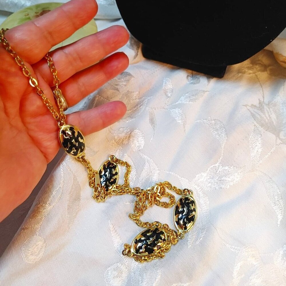 Gold Tone Toggle Necklace With Large Black Beads 32”